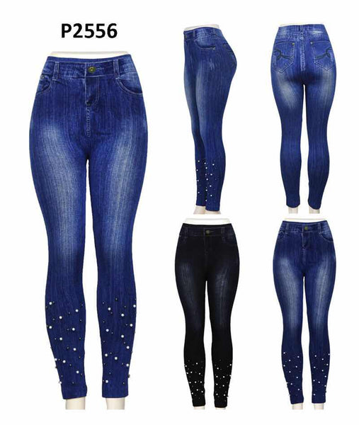 P-2556-JEAN PRINT LEGGING WITH FAUX PEARL DESIGN(12 PCS, MIXED COLOR)