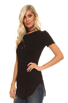 TU008-BLK-Short Sleeve Ribbed Tunic